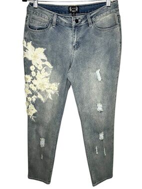 A.Z.I Floral Embroidery Beaded Boho Distressed Denim Jeans